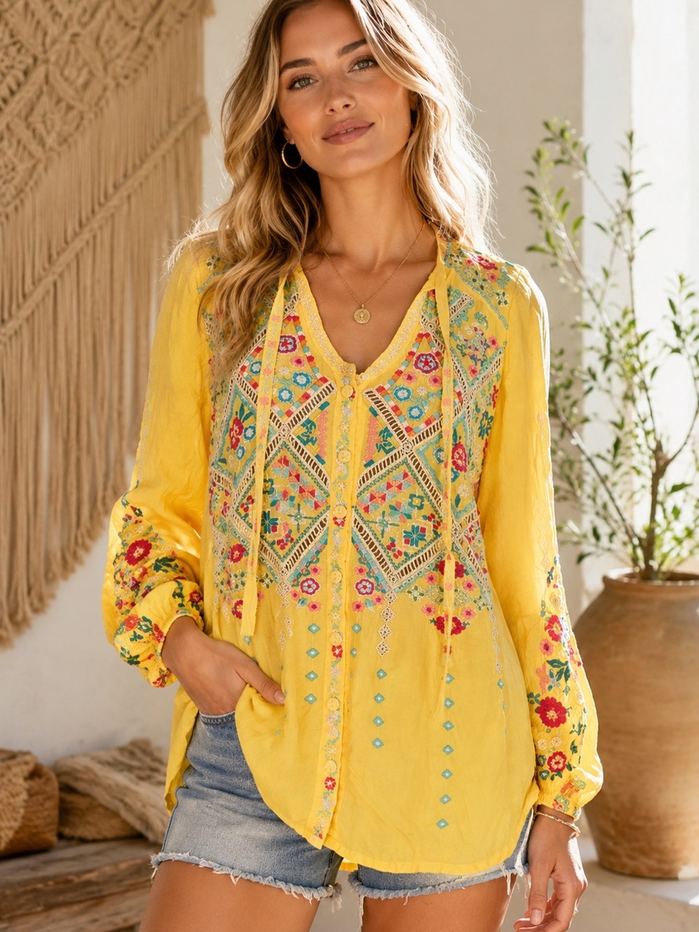 Johnny Was Yellow Embroidered Boho Tunic (233589) 🌼 🦋
